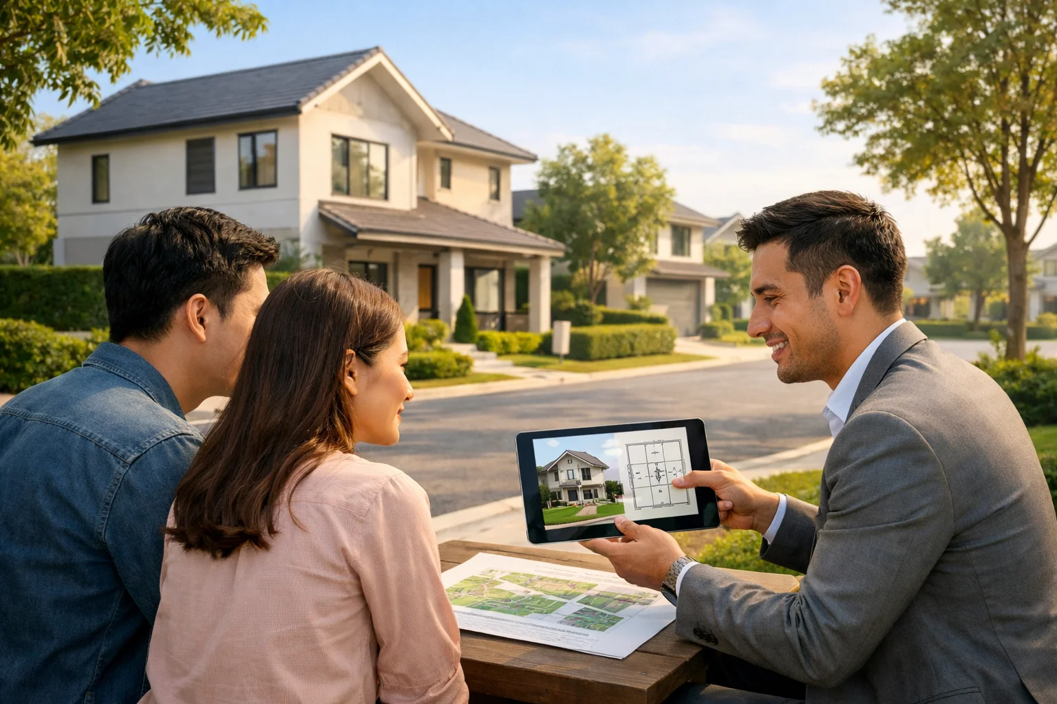 Pasangan calon pembeli rumah pertama berkonsultasi dengan agen properti profesional di lingkungan perumahan