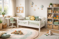 Kamar anak dengan furniture aman seperti tempat tidur rendah, meja belajar, rak buku dan karpet lembut
