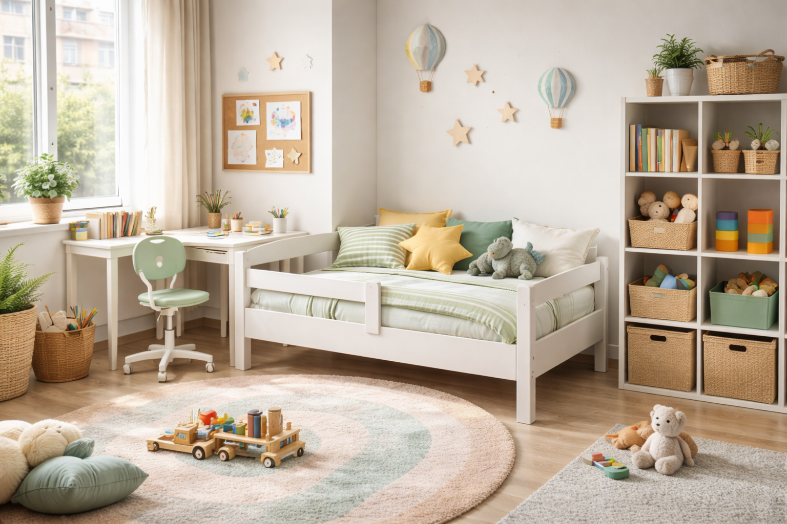 Kamar anak dengan furniture aman seperti tempat tidur rendah, meja belajar, rak buku dan karpet lembut