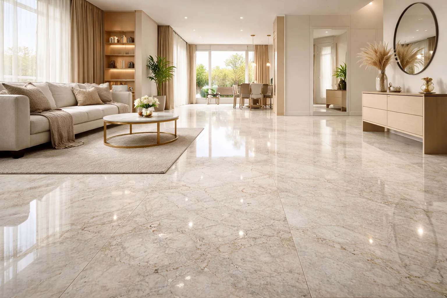 Interior rumah modern dengan lantai granit mengkilap yang elegan dan tahan lama