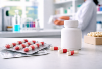 Botol obat putih tanpa label di meja apotek dengan kapsul dan kemasan blister