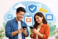 "Dua orang dewasa menggunakan smartphone untuk mengakses layanan asuransi digital di ruang tamu modern.