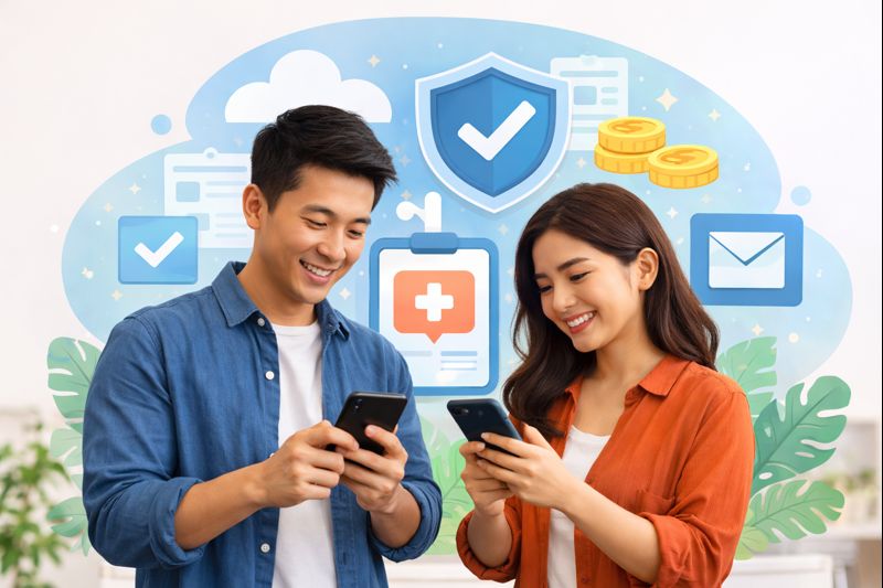 "Dua orang dewasa menggunakan smartphone untuk mengakses layanan asuransi digital di ruang tamu modern.