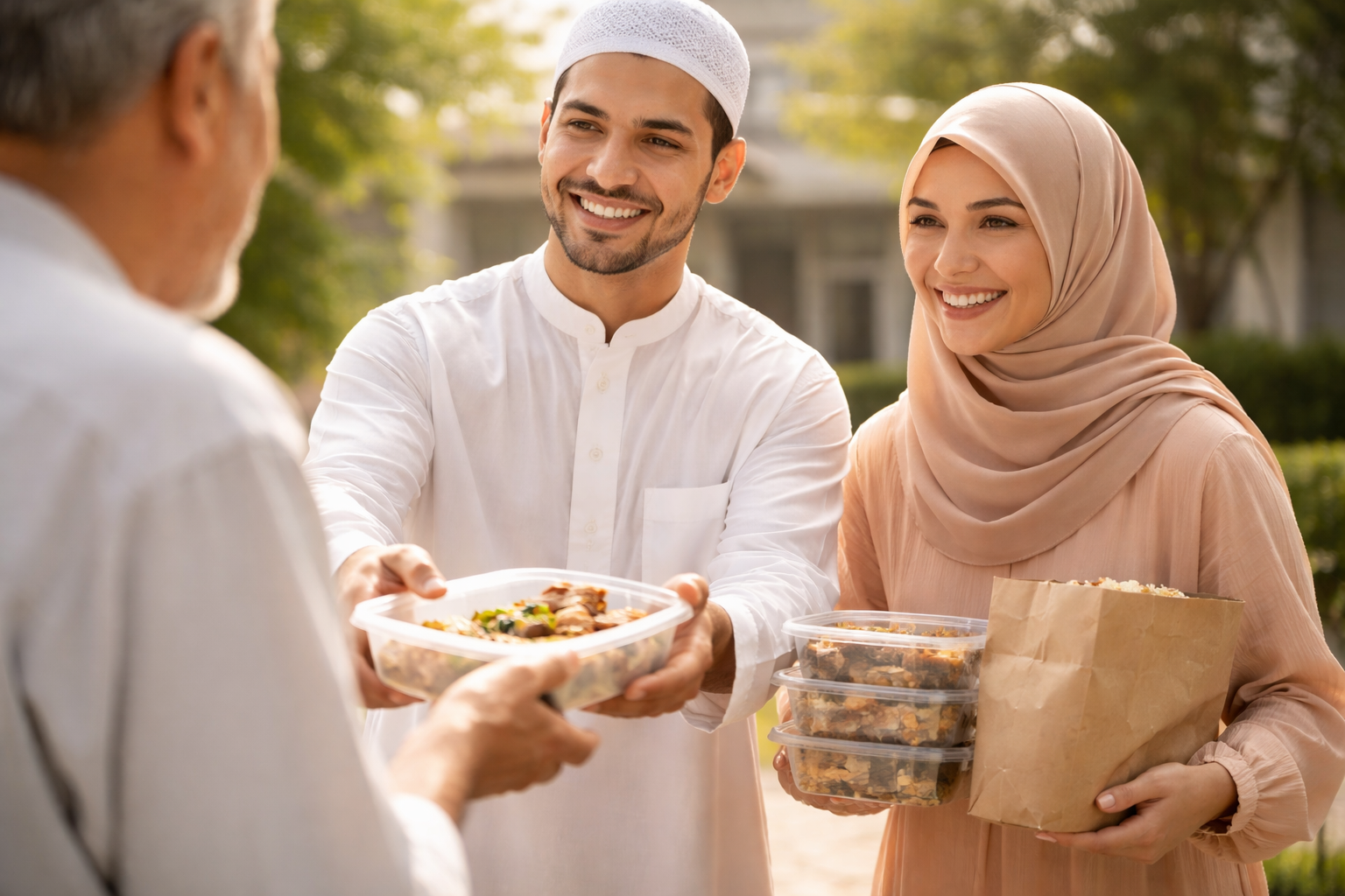 Seorang pria dan wanita Muslim berbagi makanan kepada seorang lansia dengan penuh kebaikan