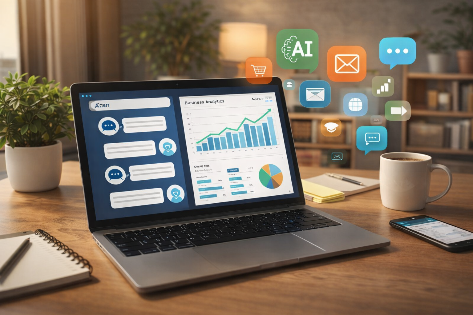 Ilustrasi penggunaan ChatGPT dan AI dalam bisnis online modern