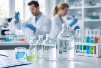 formaldehida pemeriksaan peneliti di laboratorium kimia dengan botol cairan bening dan peralatan uji