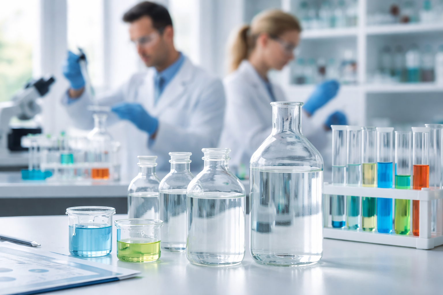 formaldehida pemeriksaan peneliti di laboratorium kimia dengan botol cairan bening dan peralatan uji