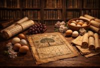 Ilustrasi suasana sejarah perayaan Paskah dengan naskah kuno, roti tidak beragi, telur alami, dan simbol musim semi di atas meja kayu