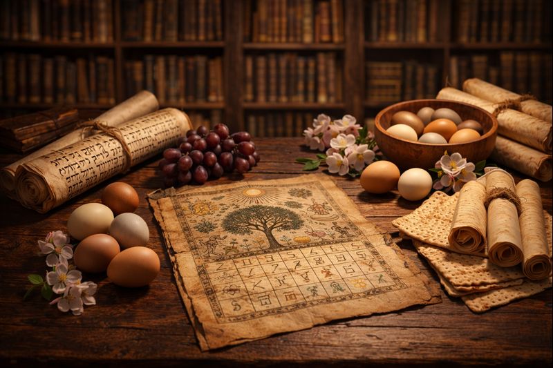Ilustrasi suasana sejarah perayaan Paskah dengan naskah kuno, roti tidak beragi, telur alami, dan simbol musim semi di atas meja kayu