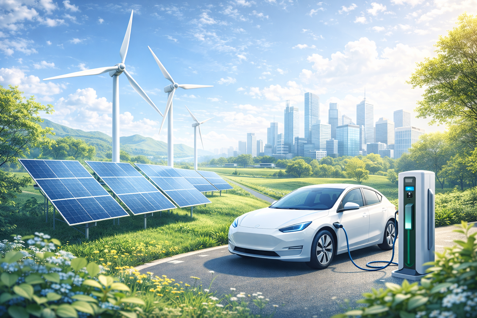 Ilustrasi teknologi ramah lingkungan dengan panel surya, kincir angin, mobil listrik, dan kota hijau modern.