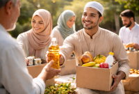 Seorang pria dan wanita Muslim berbagi makanan kepada seorang lansia dengan penuh kebaikan