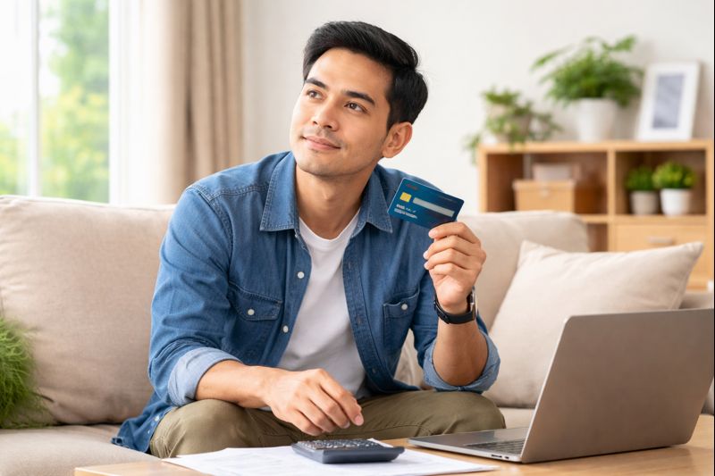 Pria Indonesia memegang kartu kredit di rumah dengan laptop dan dokumen keuangan.