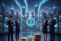 Dua profesional menganalisis grafik pasar saham di kantor modern