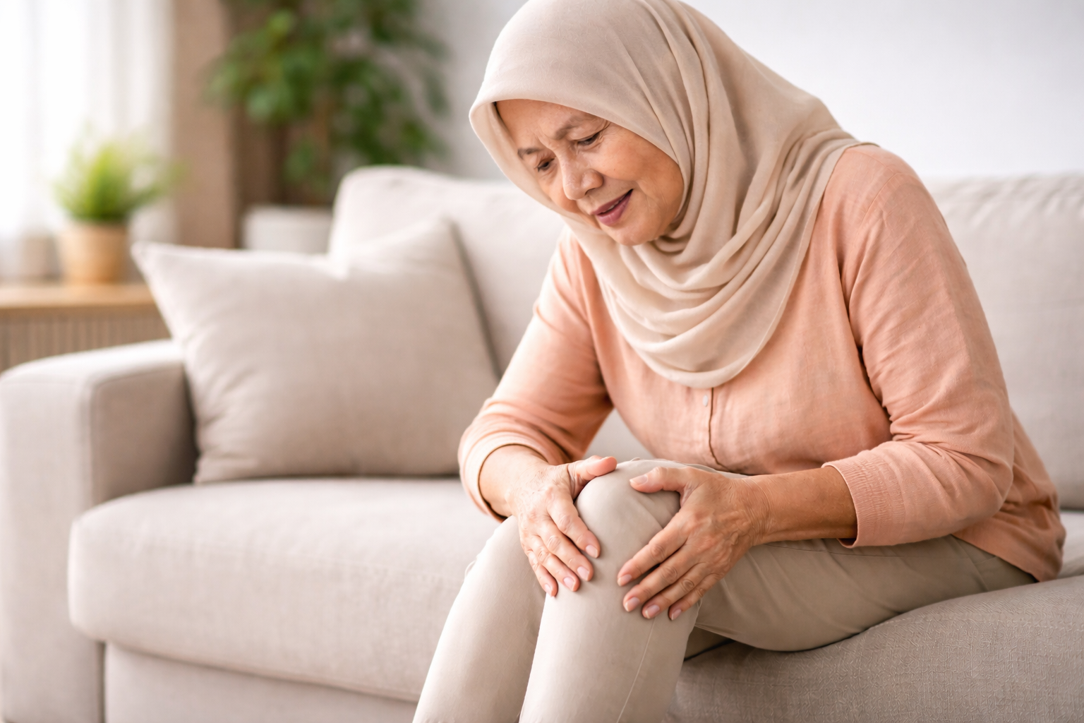 Seorang lansia perempuan Indonesia mengenakan hijab duduk di sofa sambil memegang lututnya yang terasa nyeri akibat rematik di rumah.