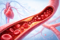 peredaran-darah-tidak-lancar Ilustrasi medis pembuluh darah dengan aliran darah yang melambat akibat penyempitan arteri.”