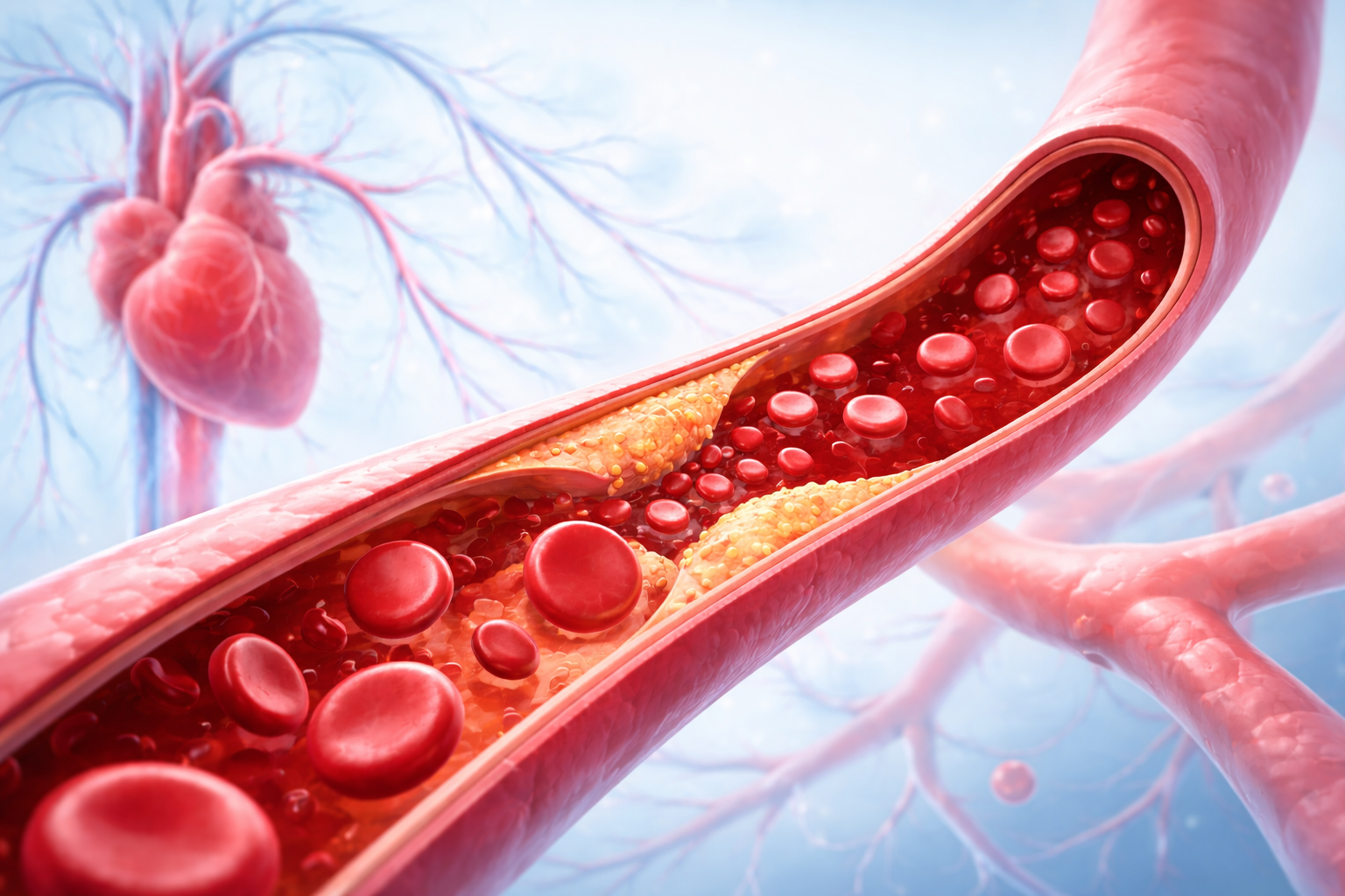 Ilustrasi medis pembuluh darah dengan aliran darah yang melambat akibat penyempitan arteri.”