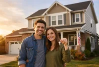 American first-time homebuyers in front of their house after purchasing with a mortgage