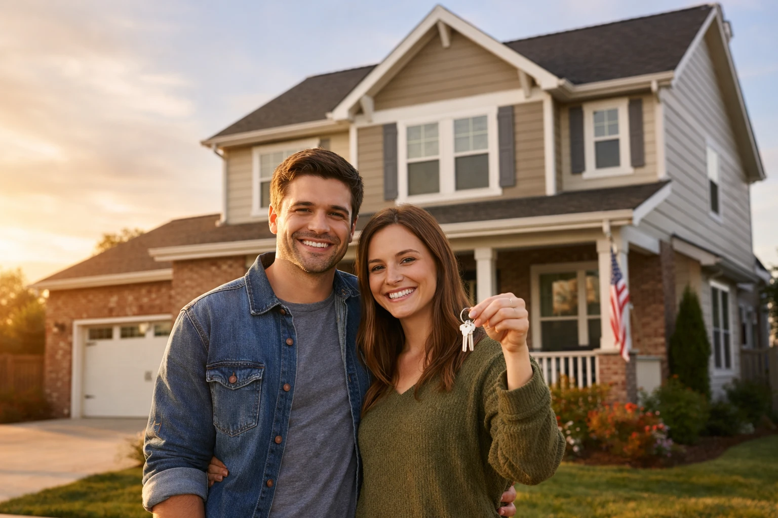 American first-time homebuyers in front of their house after purchasing with a mortgage