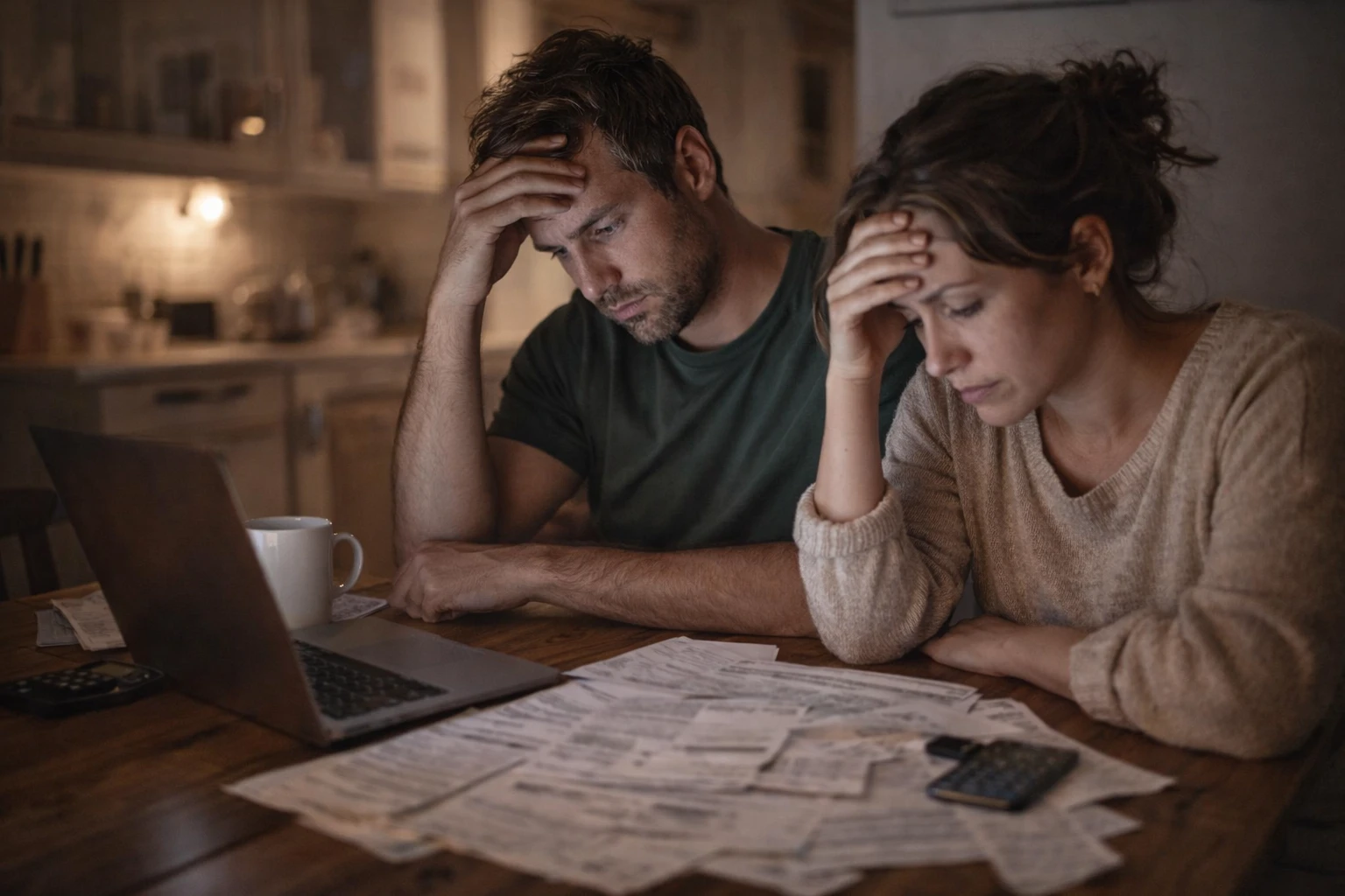 A couple looking stressed while reviewing household finances at a kitchen table