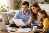 Keluarga sedang membaca dokumen keuangan di ruang tamu rumah sebagai bagian dari perencanaan perlindungan masa depan.