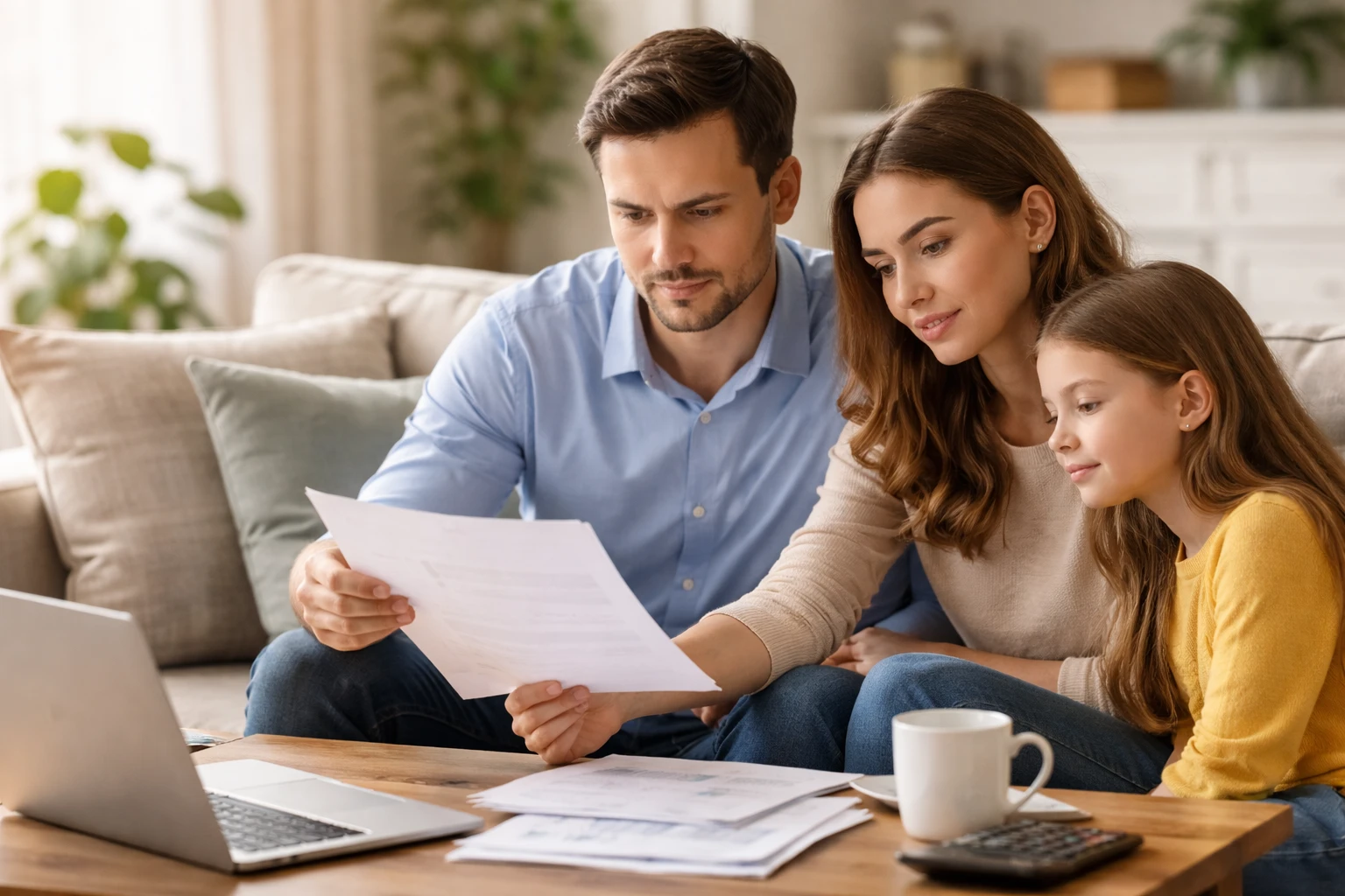 Keluarga sedang membaca dokumen keuangan di ruang tamu rumah sebagai bagian dari perencanaan perlindungan masa depan.