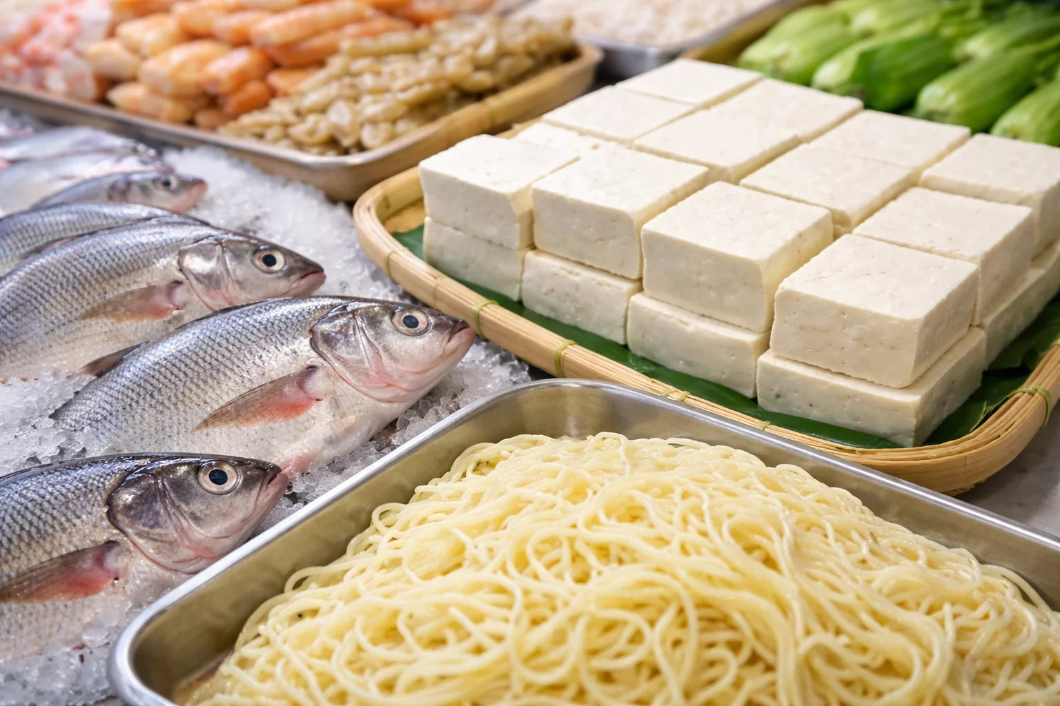 Ikan segar, tahu putih, dan mi basah yang dijual di pasar tradisional dengan tampilan masih segar