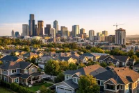 U.S. residential real estate market with suburban homes and modern city skyline