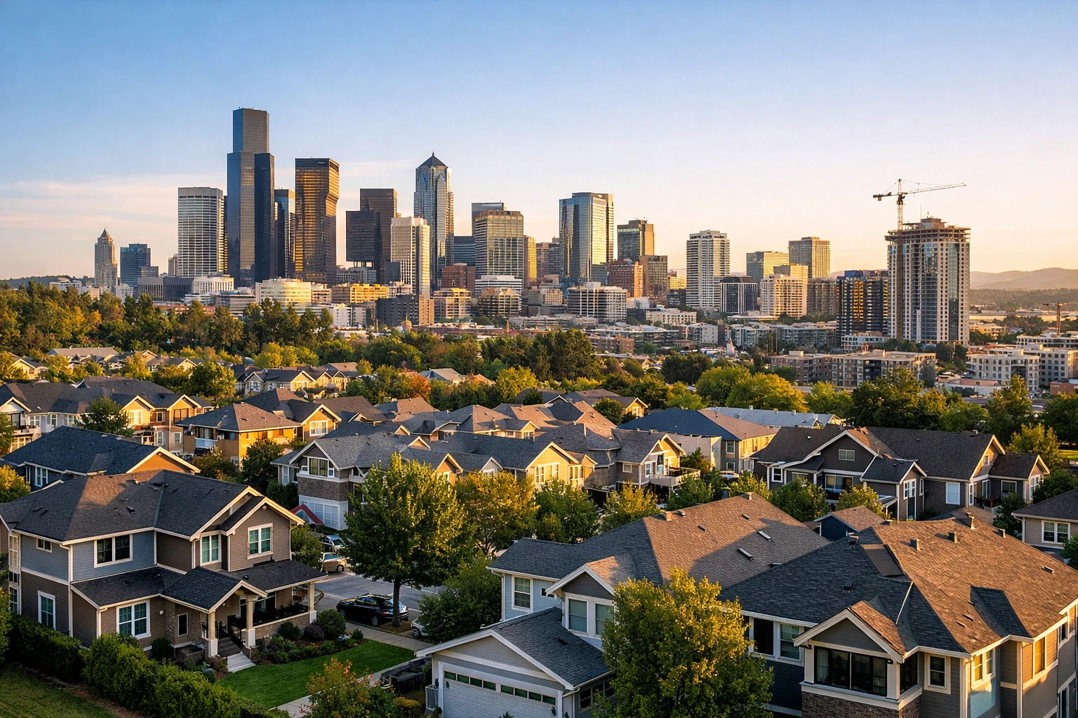 U.S. residential real estate market with suburban homes and modern city skyline