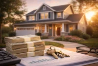 30-Year Mortgage Affordability Stacks of U.S. dollar bills in front of a suburban home symbolizing how fixed mortgage payments become more affordable over time with income growth and inflation.
