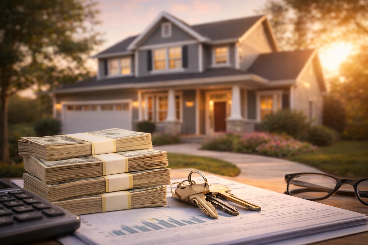 Stacks of U.S. dollar bills in front of a suburban home symbolizing how fixed mortgage payments become more affordable over time with income growth and inflation.