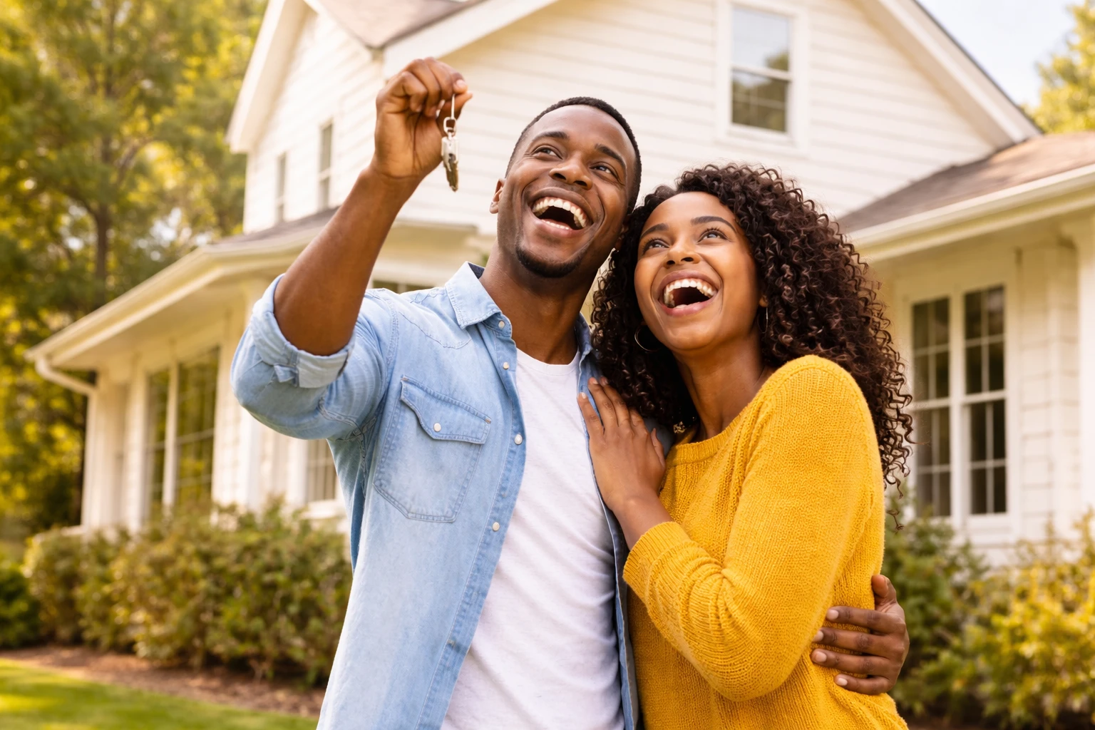 Couple celebrating in front of their new home holding keys, symbolizing how a 30-year fixed mortgage becomes easier over time