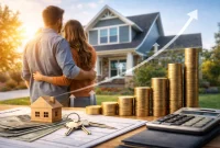 Young couple standing in front of their suburban home at sunset, symbolizing long-term mortgage affordability and homeownership stability.