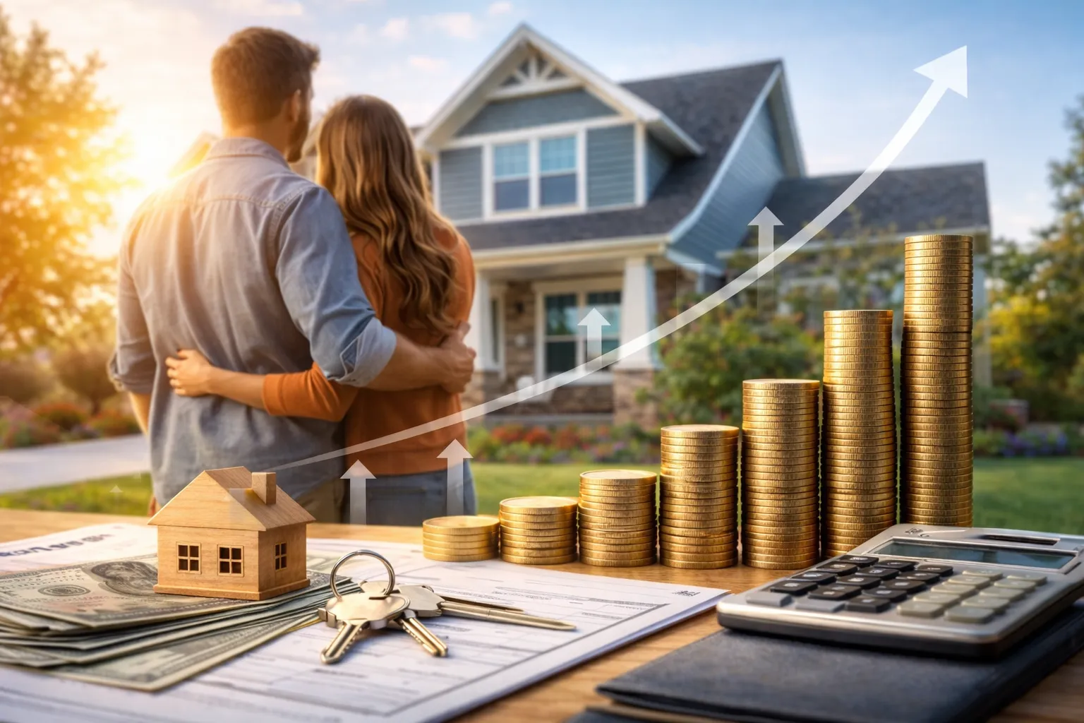 Young couple standing in front of their suburban home at sunset, symbolizing long-term mortgage affordability and homeownership stability.