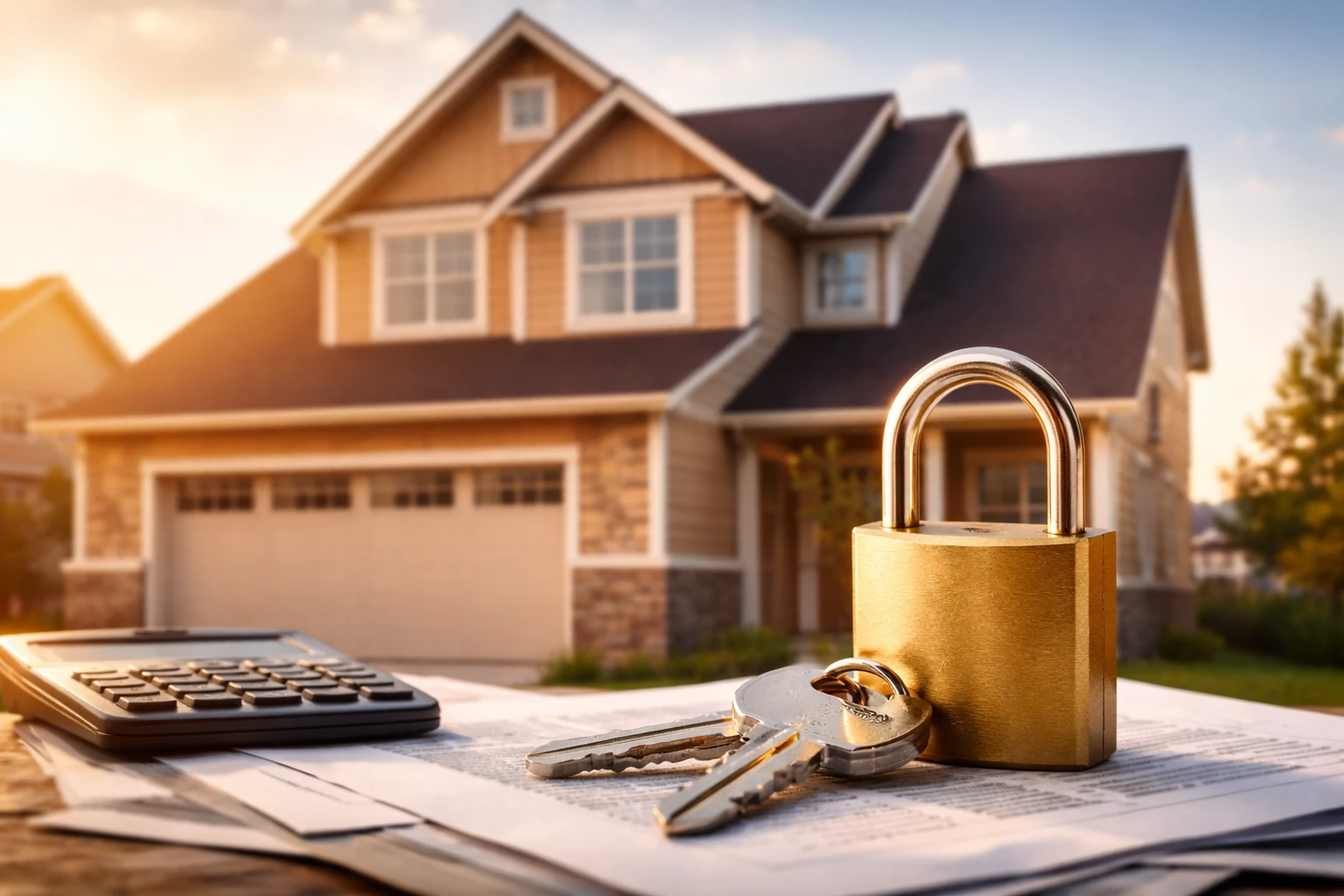 Homeowners reviewing mortgage documents in front of their house, representing the lock-in effect of low interest rates