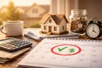 Financial planning materials beside a model home, illustrating the importance of predictable mortgage payments