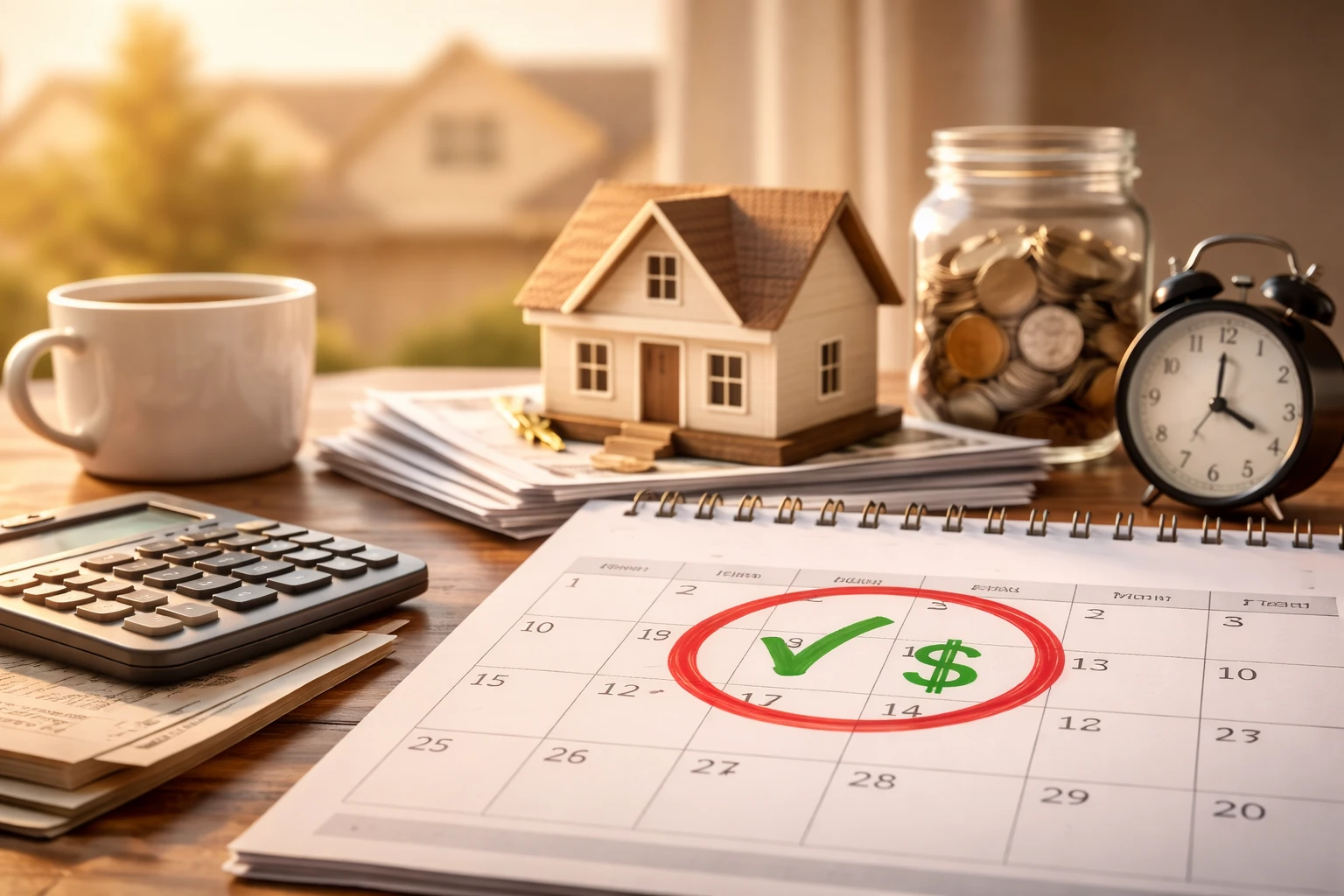 Financial planning materials beside a model home, illustrating the importance of predictable mortgage payments