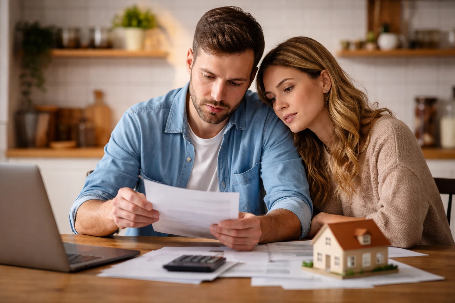Couple reviewing finances at home illustrating 30-year mortgage psychology