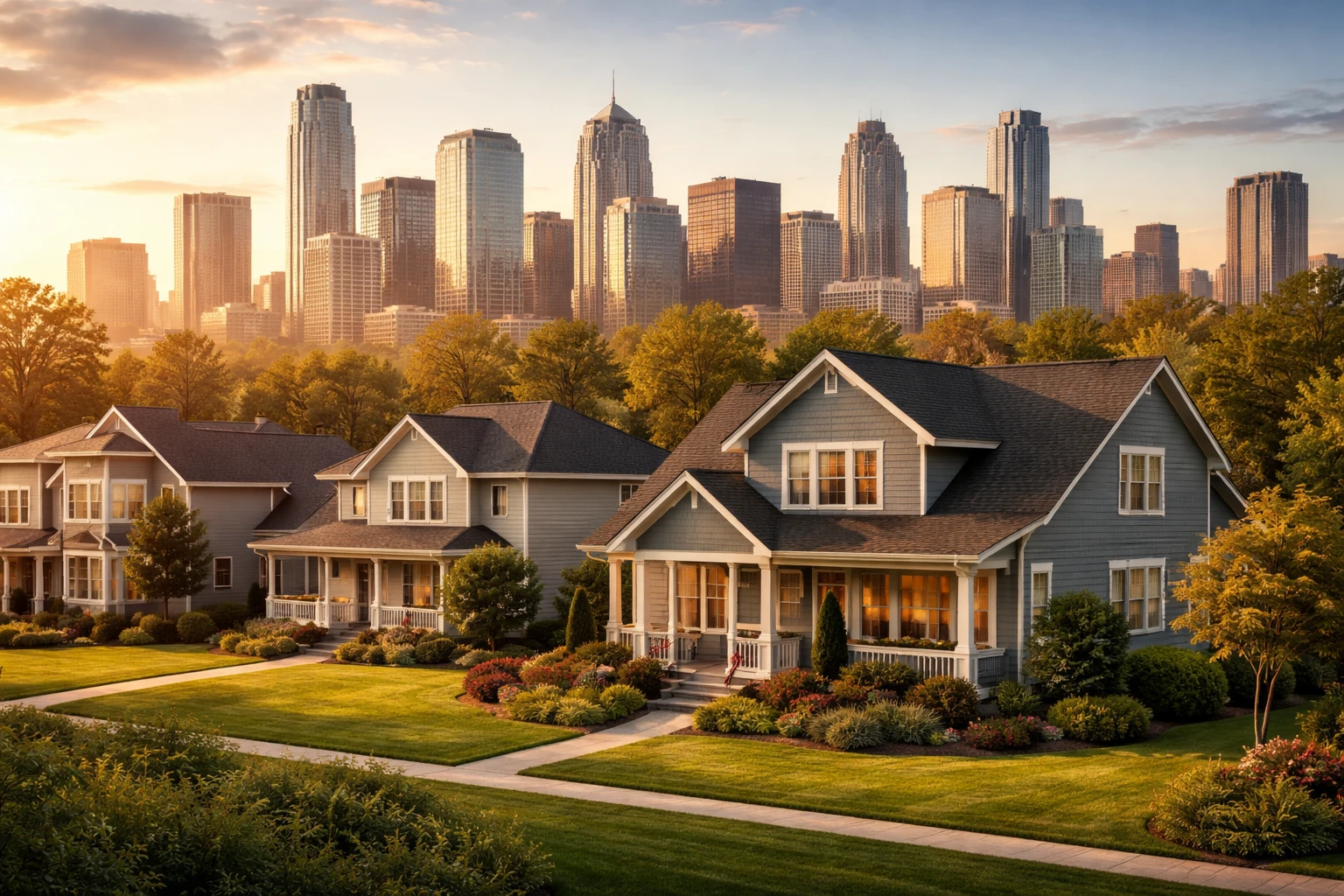 U.S. suburban housing neighborhood with city skyline in the background symbolizing structural stability and global capital interest