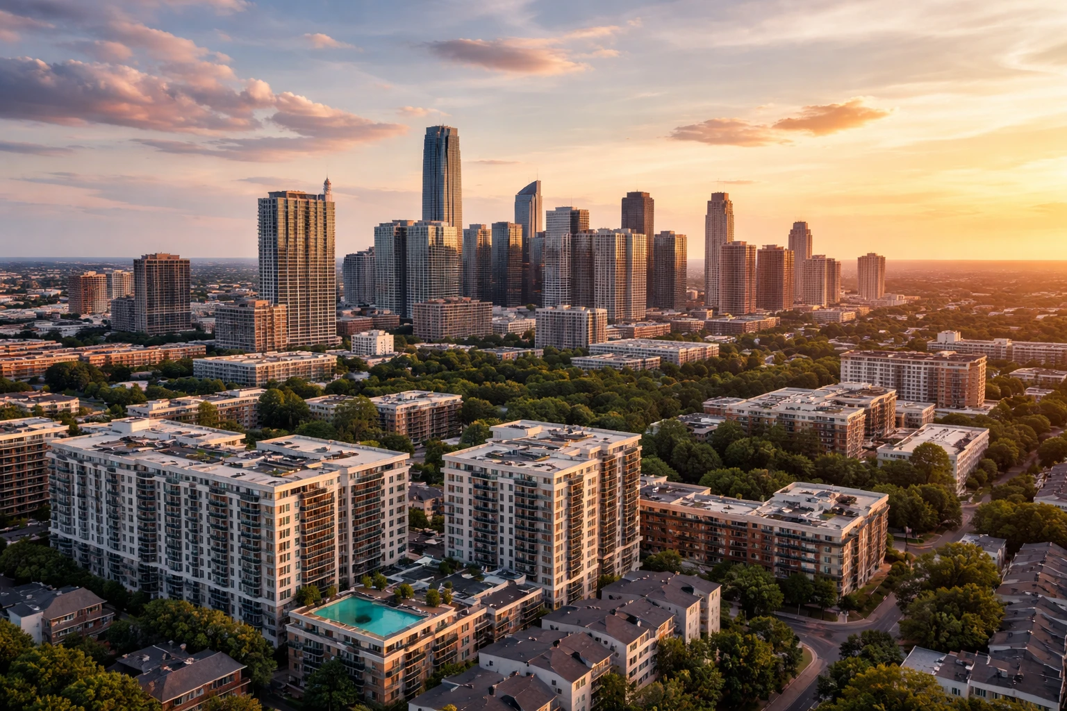 Modern U.S. city skyline at sunset with multifamily apartments and high-rise buildings illustrating income stability trends in U.S. property market 2026.
