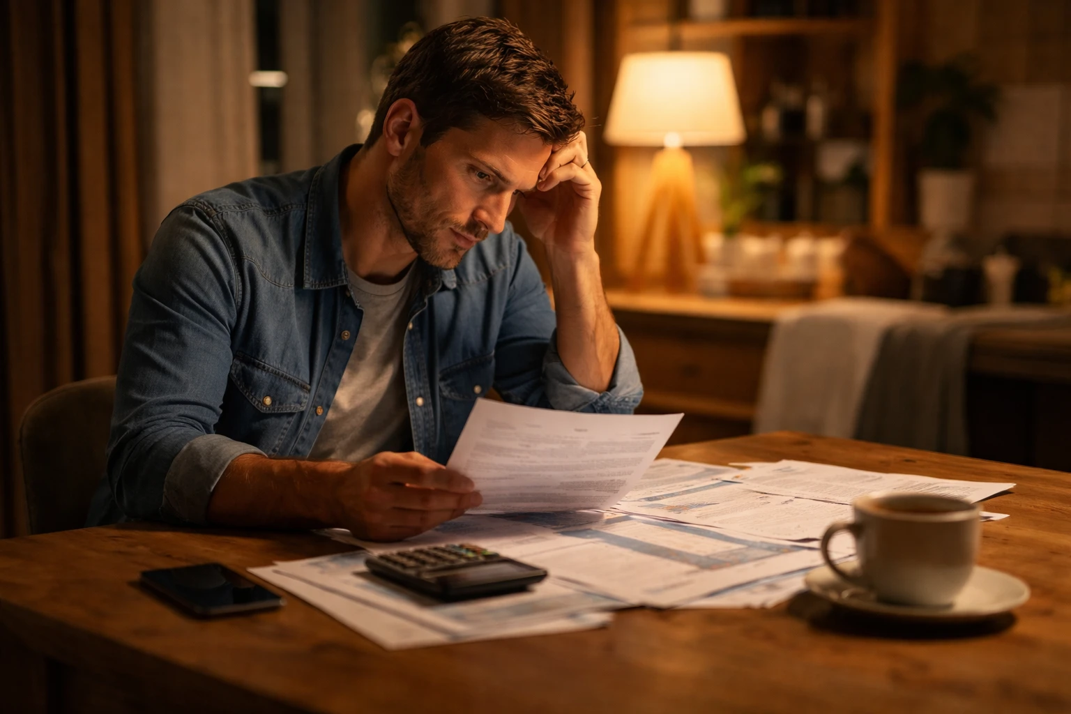 Man sitting alone at night reviewing mortgage documents under warm lamp light with calculator and coffee on wooden table