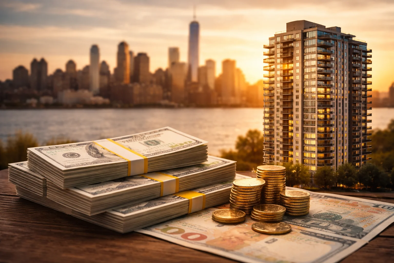 Currency risk U.S. property investment 2026 illustrated with modern apartment building and U.S. dollar stacks reflecting global real estate trends