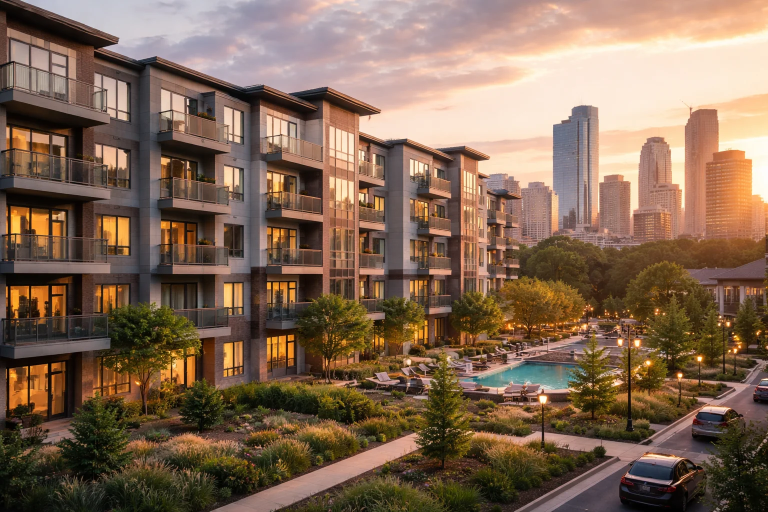 Modern apartment complex in U.S. city showing real estate trends and property investment in 2026 amid changing interest rates