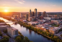 Aerial view of中王 a modern secondary U.S. metro skyline at sunset with office towers, residential buildings, river, and bridge, symbolizing global real estate investment growth in 2026.