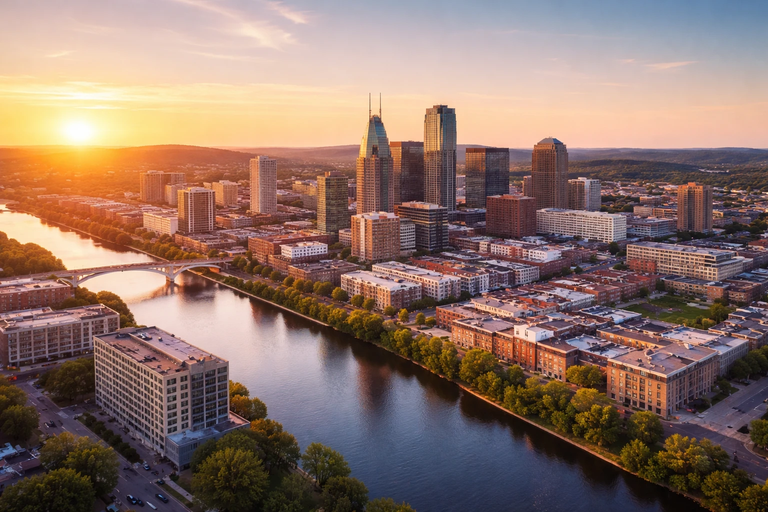 Aerial view of中王 a modern secondary U.S. metro skyline at sunset with office towers, residential buildings, river, and bridge, symbolizing global real estate investment growth in 2026.
