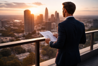 Businessman reviewing documents on high-rise balcony at sunset representing cash flow property investment 2026 and strategic decision making