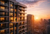 Investor standing on high-rise balcony at sunset representing exit strategy U.S. property investment 2026 and market timing decisions
