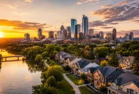 Aerial view of secondary U.S. metros property investment landscape with suburban housing and growing city skyline at sunset