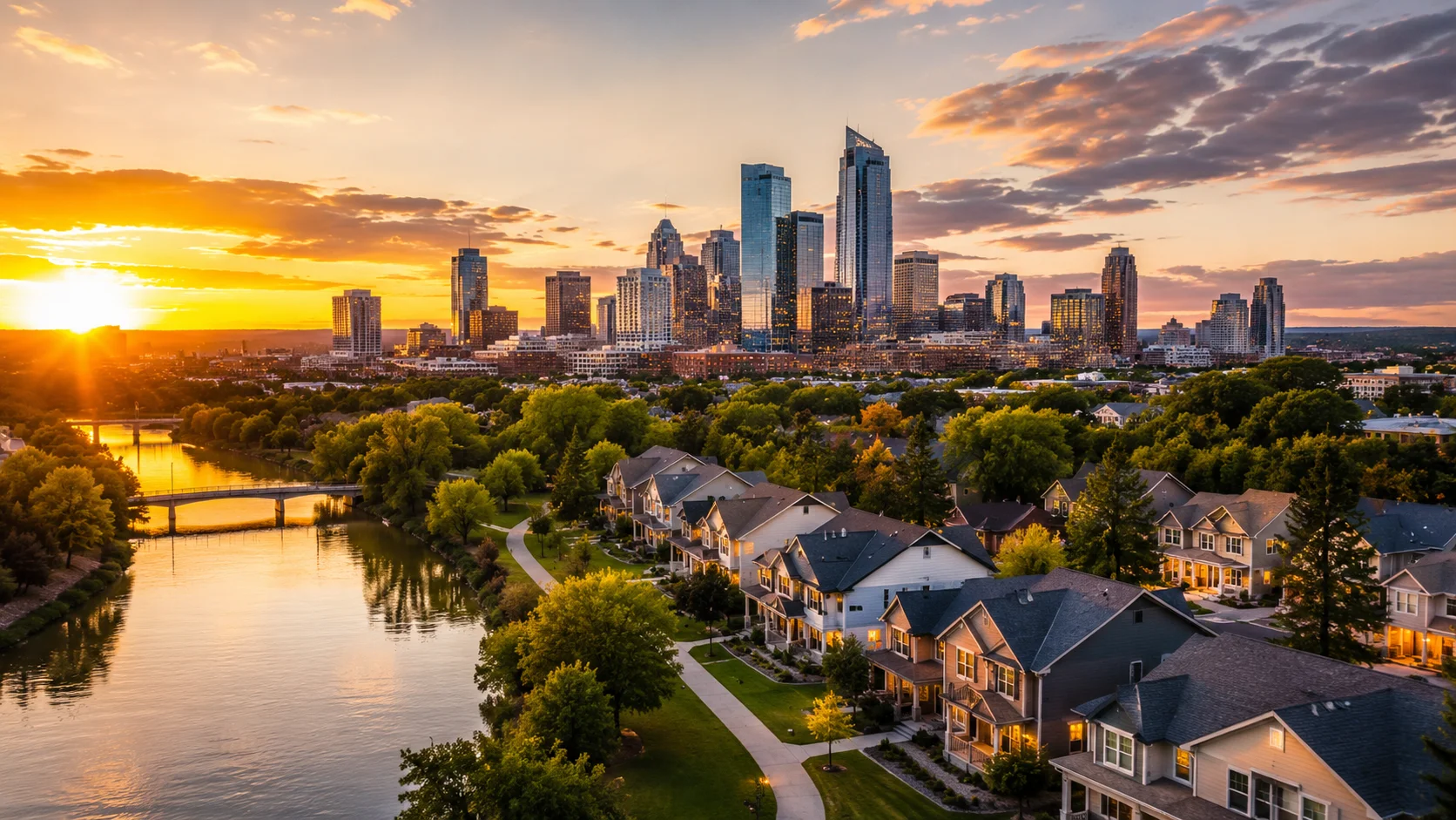 Aerial view of secondary U.S. metros property investment landscape with suburban housing and growing city skyline at sunset