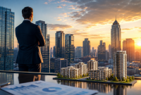 instituional-investors-us-real-estate Institutional investors evaluating U.S. real estate opportunities with a modern city skyline and residential developments in 2026