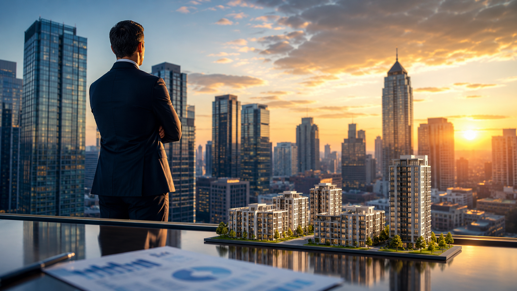 Institutional investors evaluating U.S. real estate opportunities with a modern city skyline and residential developments in 2026